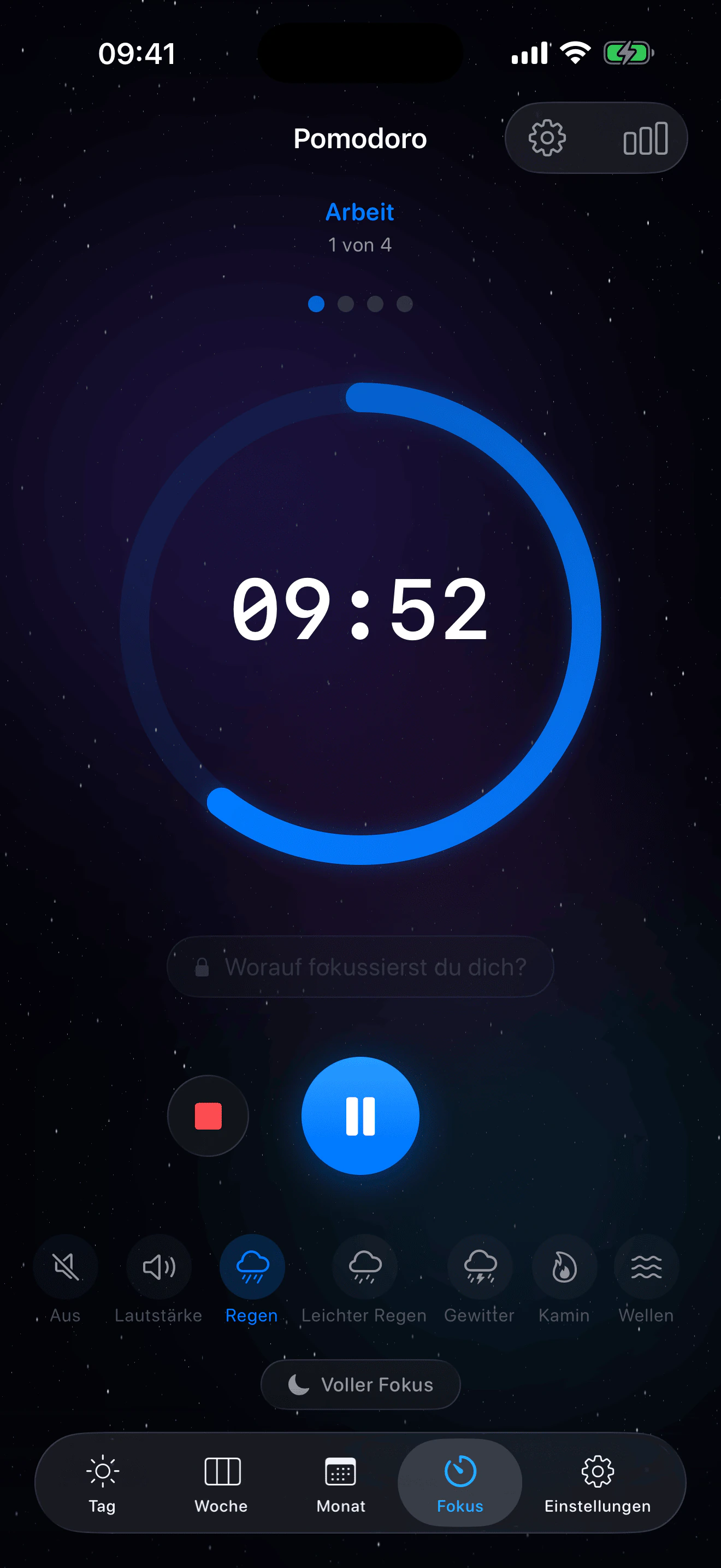 Eva Pomodoro-Timer – Hauptbildschirm mit Countdown und Umgebungsgeräuschen