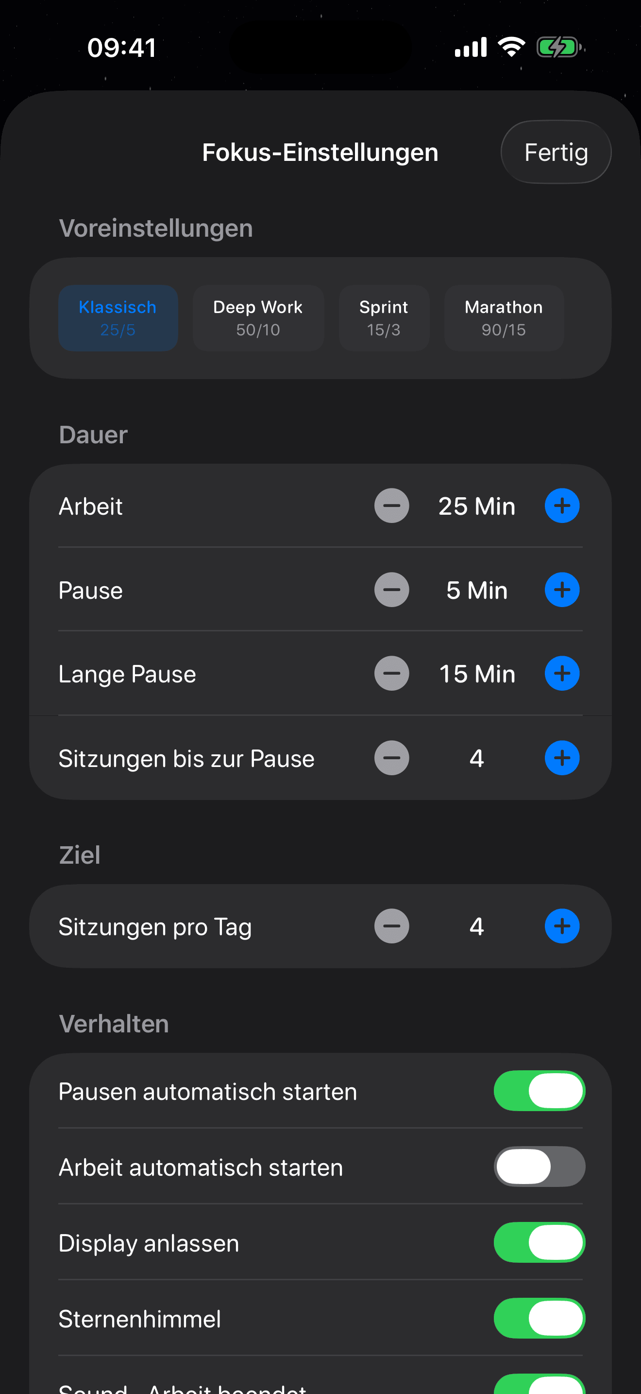 Eva Pomodoro-Timer Einstellungen – 4 Voreinstellungen: Klassisch, Tiefe Arbeit, Sprint, Marathon