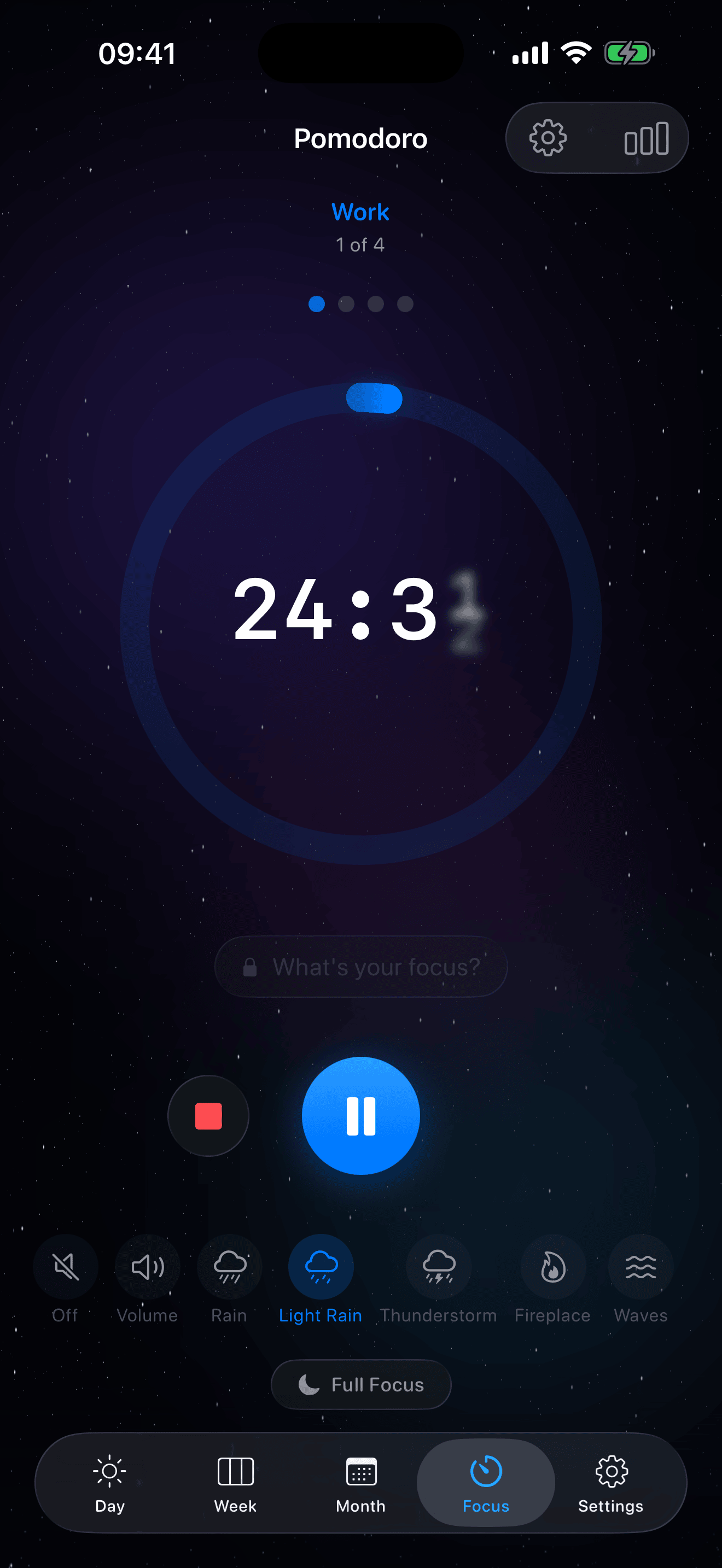 Eva Pomodoro timer – main screen with countdown and ambient sounds