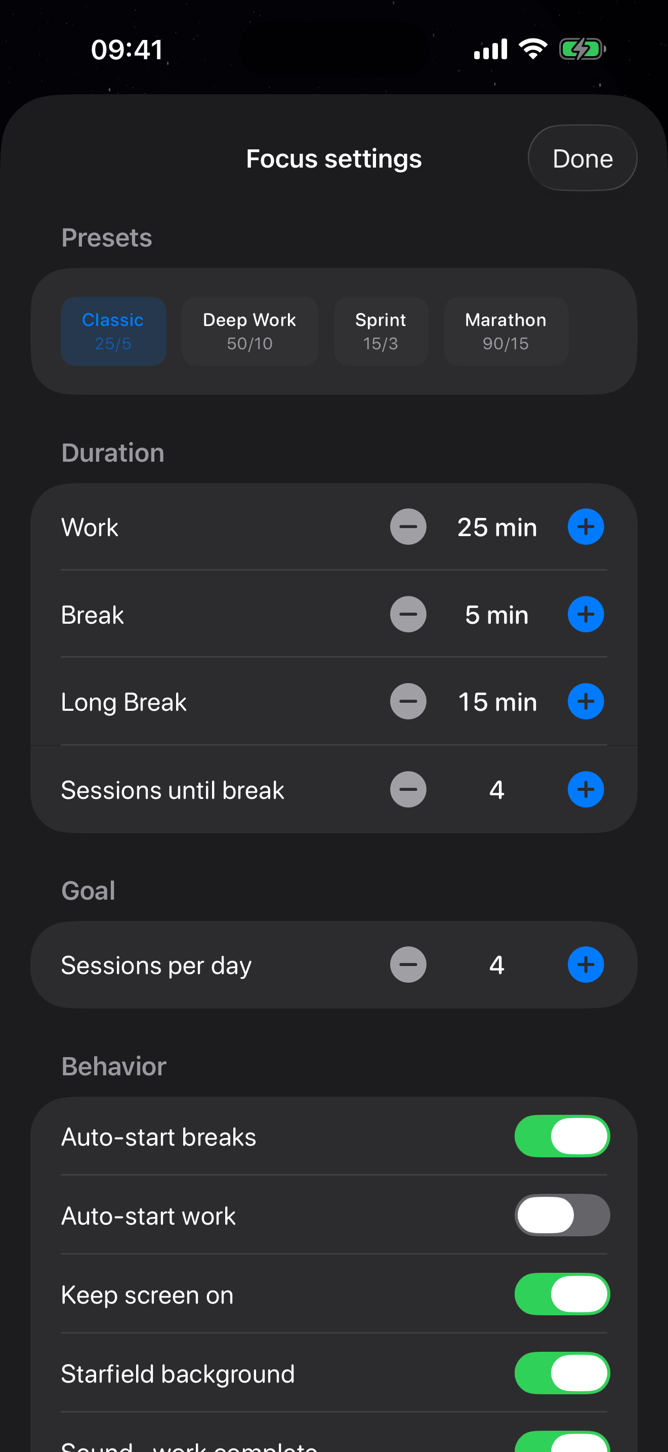 Eva Pomodoro timer settings – 4 presets: Classic, Deep Work, Sprint, Marathon