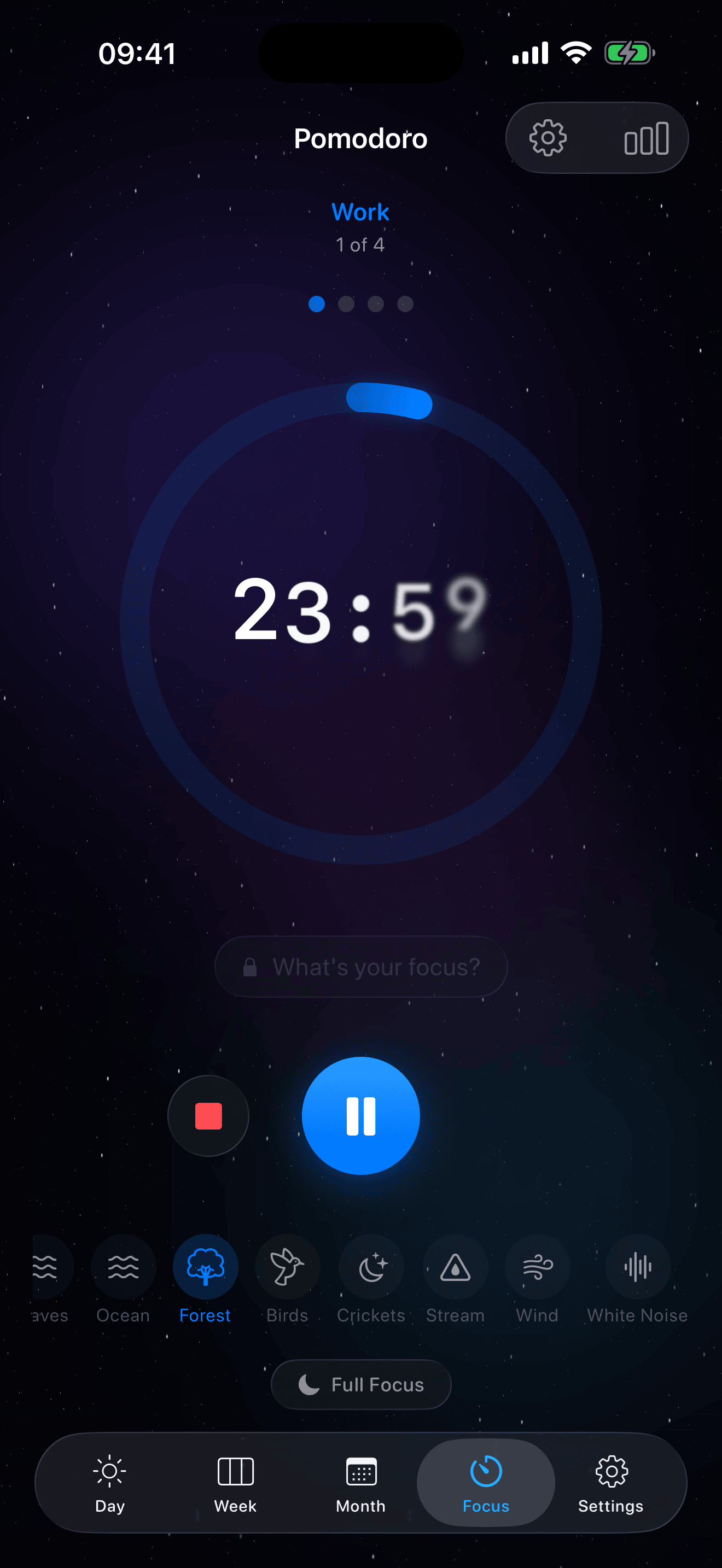 13 ambient sounds in Eva Pomodoro timer – rain, thunder, fireplace, forest, waves, white noise