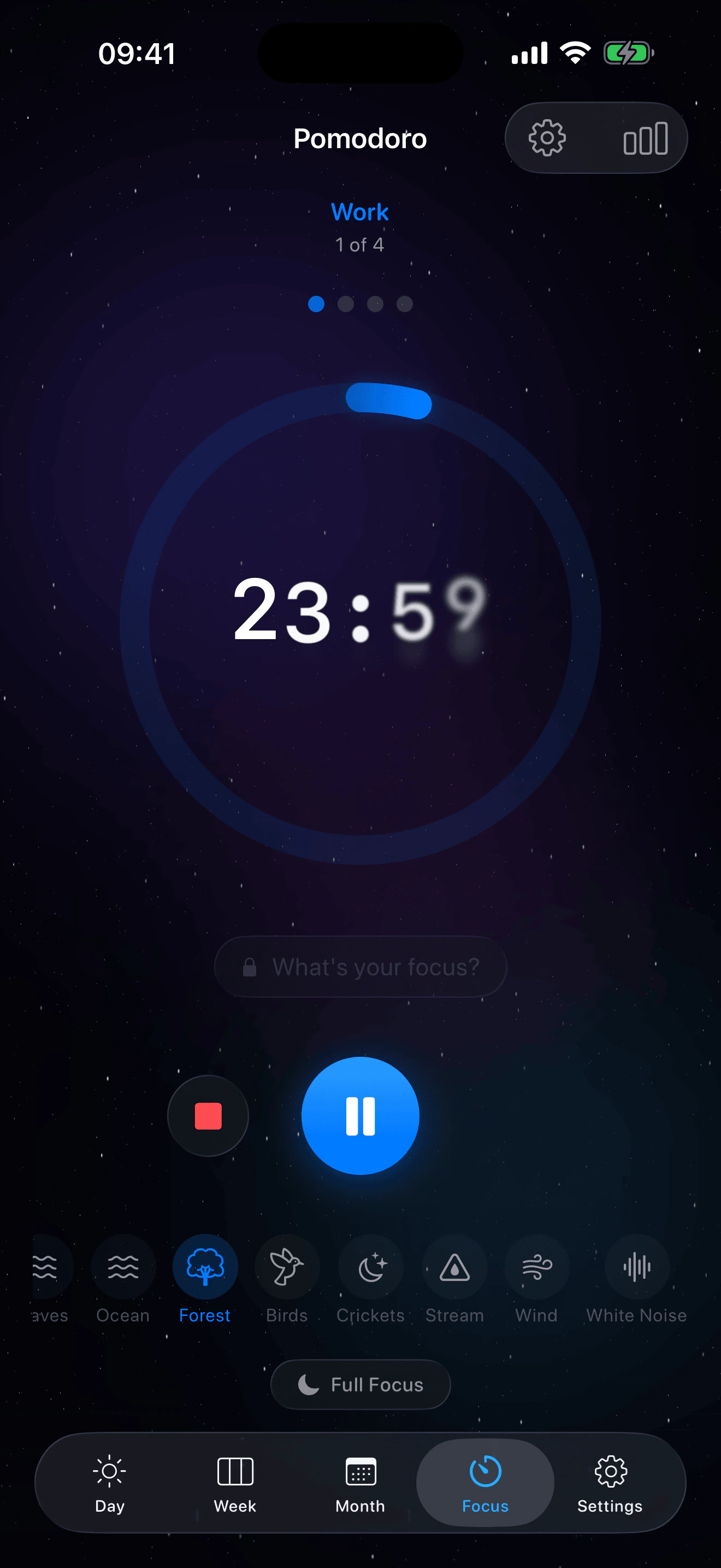 13 ambient sounds in Eva Pomodoro timer – rain, thunder, fireplace, forest, waves, white noise