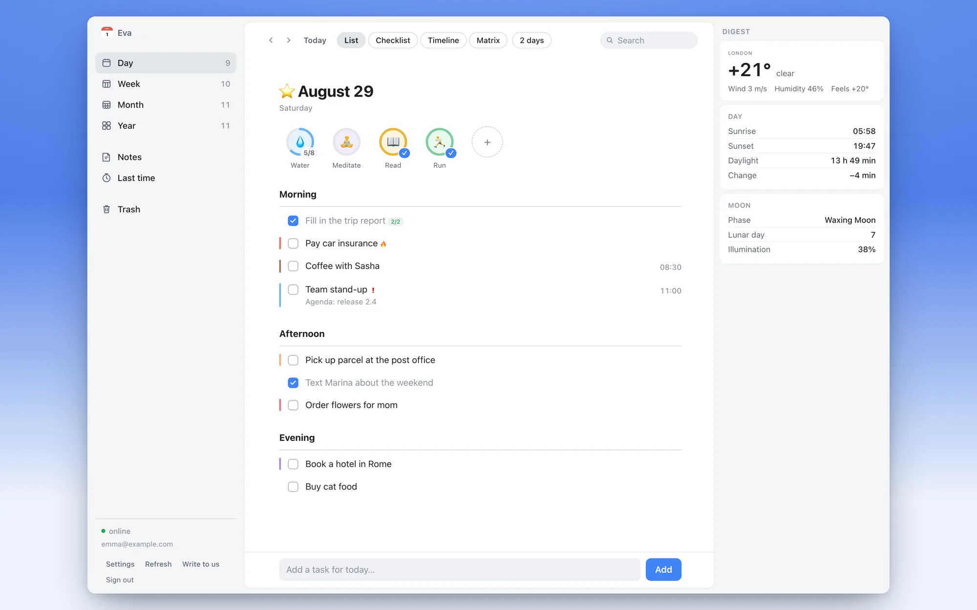 Eva web version — day view in the browser