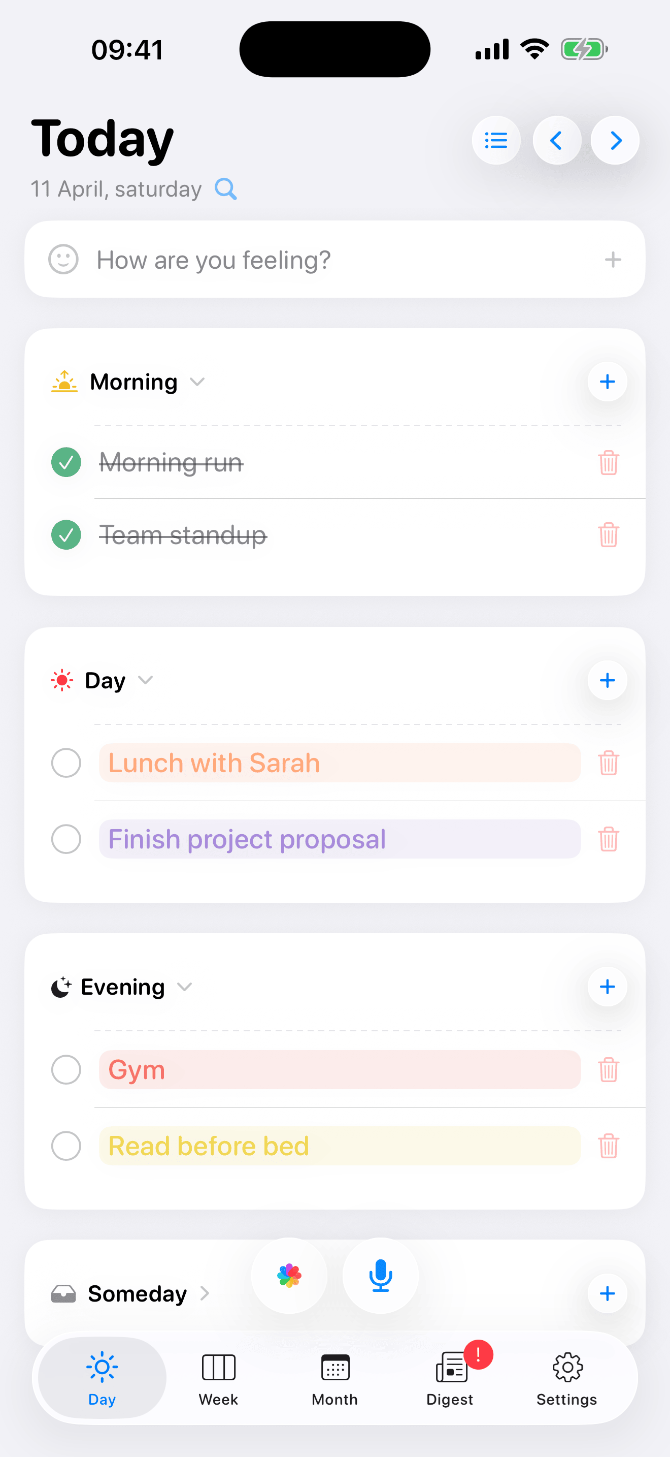 Eva app showing today's tasks