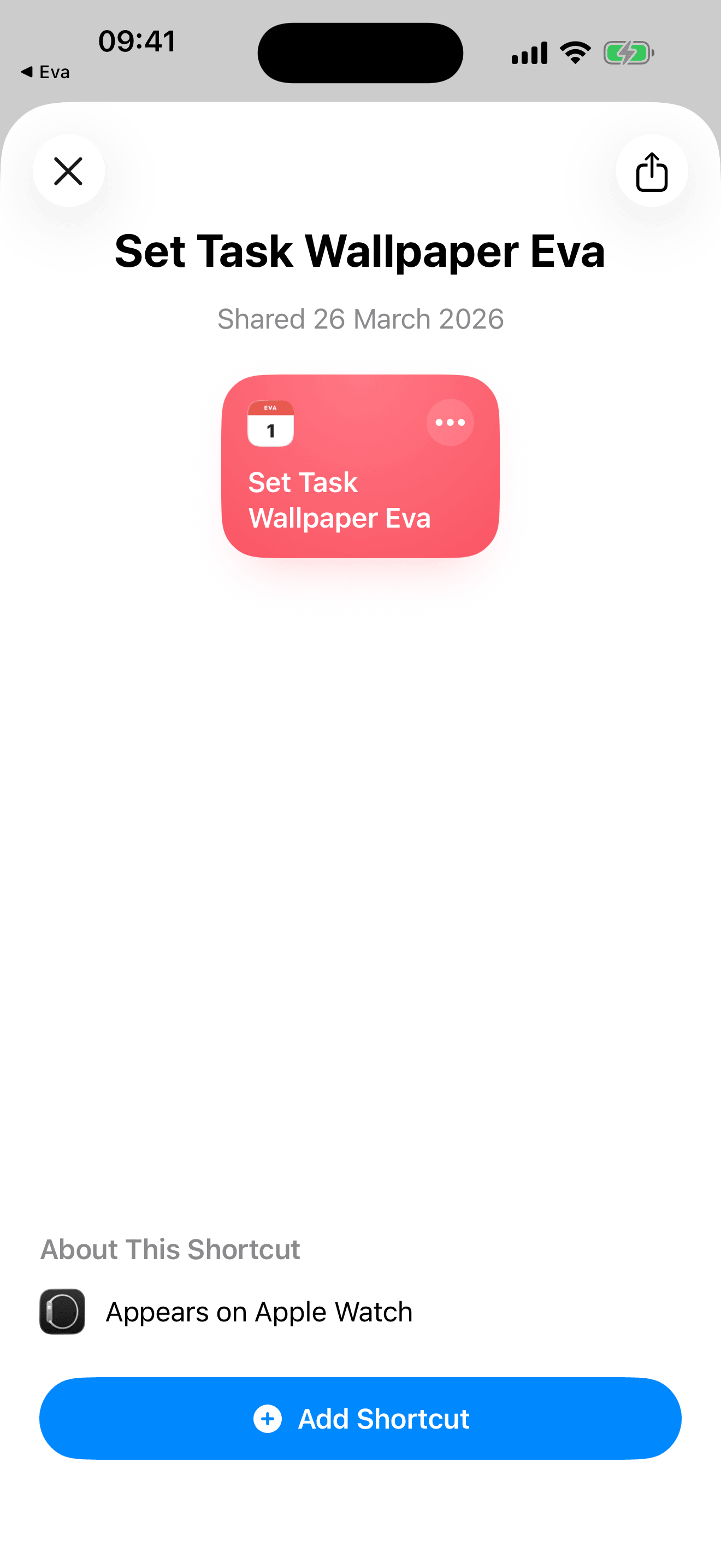 Set Task Wallpaper Eva shortcut in iOS Shortcuts app