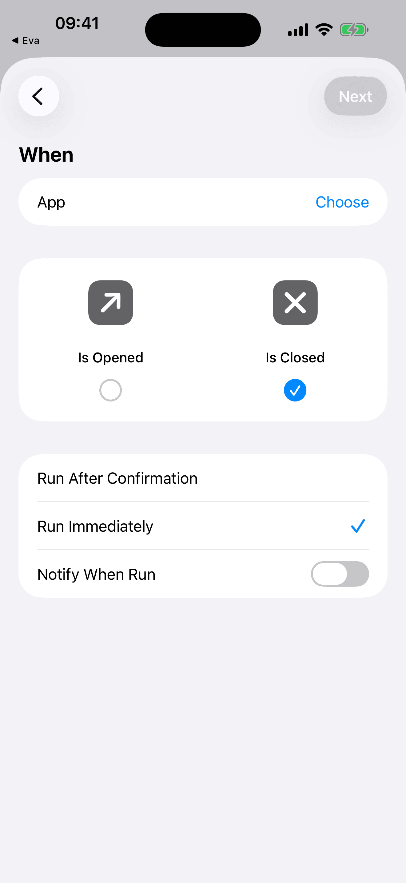 iOS Shortcuts automation — App trigger, Is Closed, Run Immediately