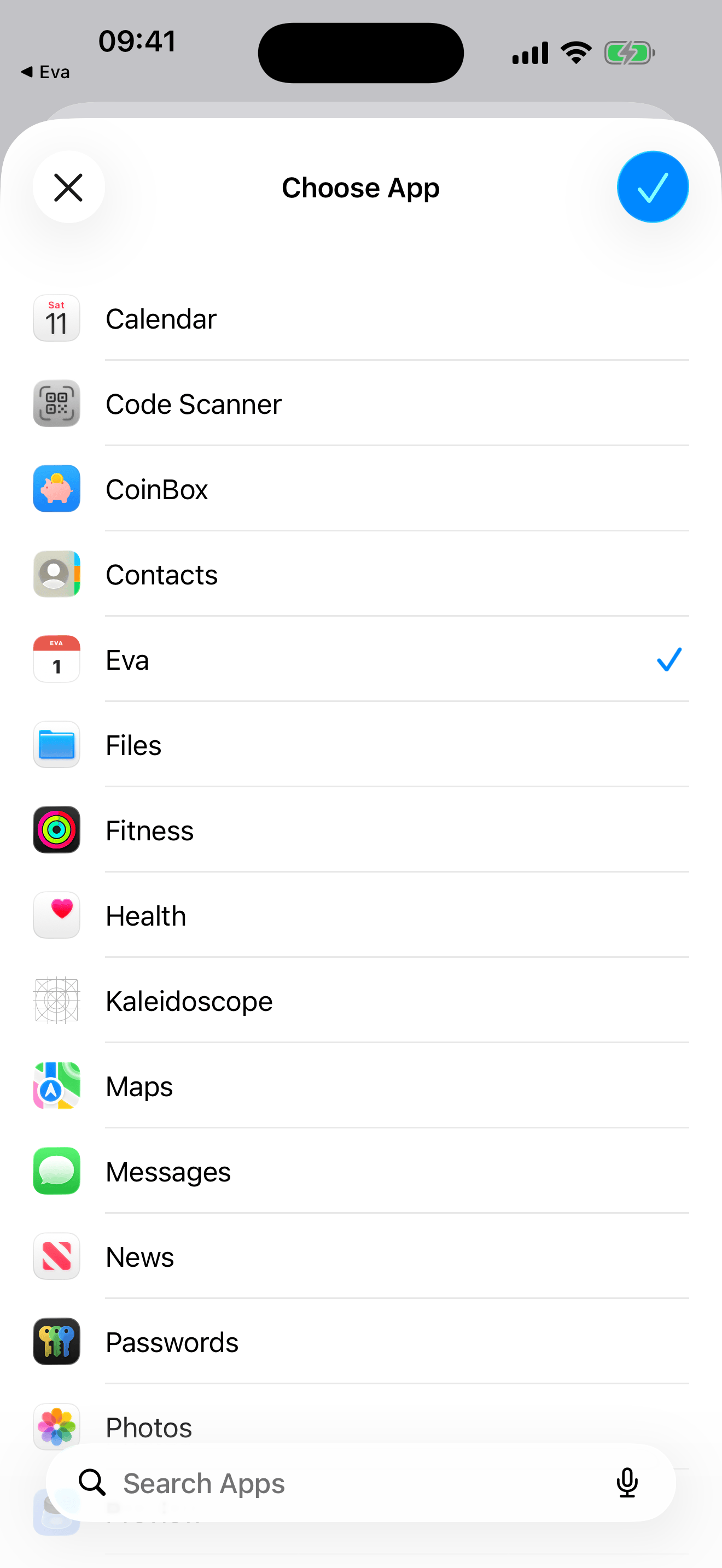 Selecting Eva in iOS Shortcuts automation