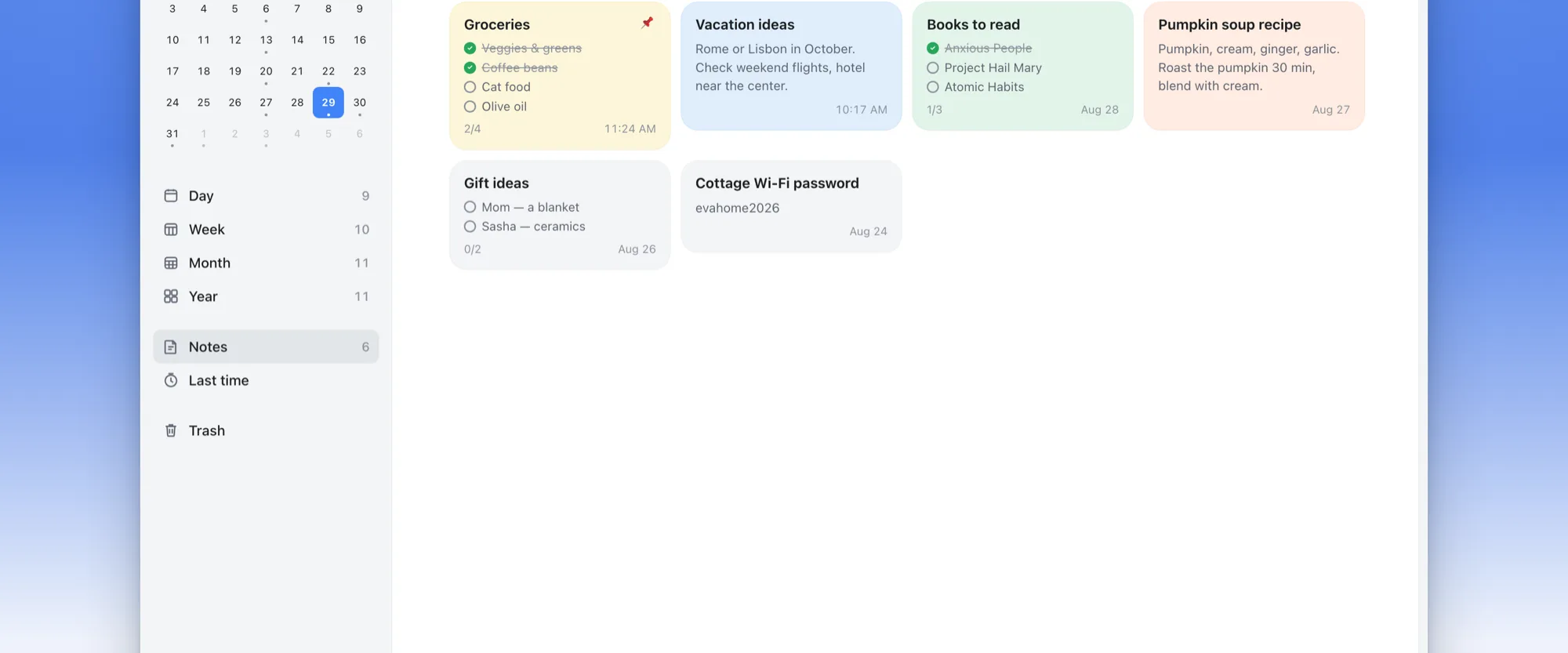 Eva notes with checklists and colors