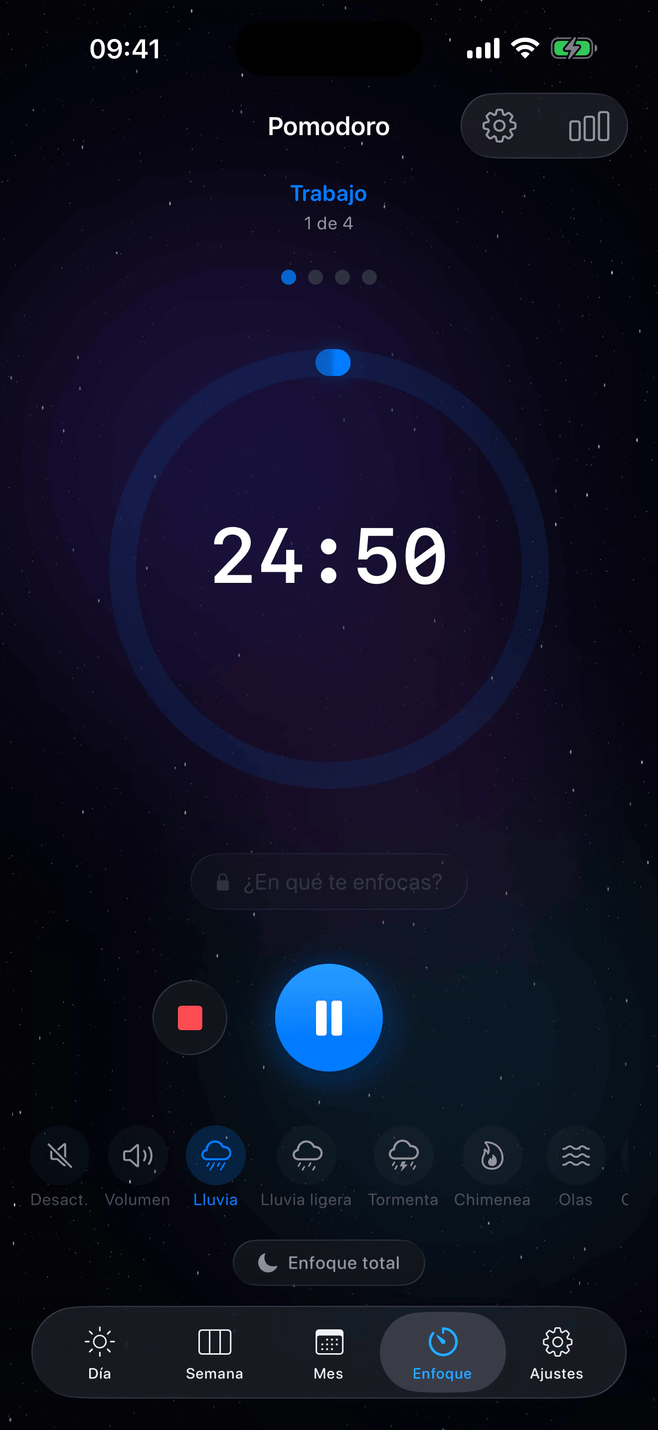 Temporizador Pomodoro de Eva – pantalla principal con cuenta regresiva y sonidos ambientales