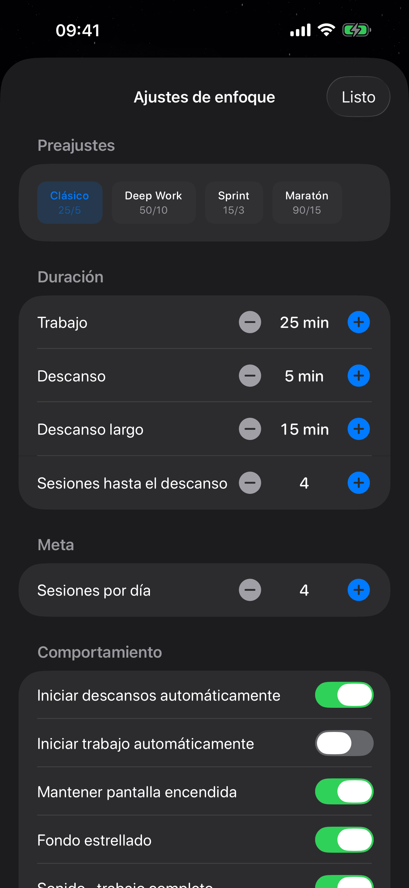 Ajustes del temporizador Pomodoro de Eva – 4 presets: Clásico, Trabajo profundo, Sprint, Maratón
