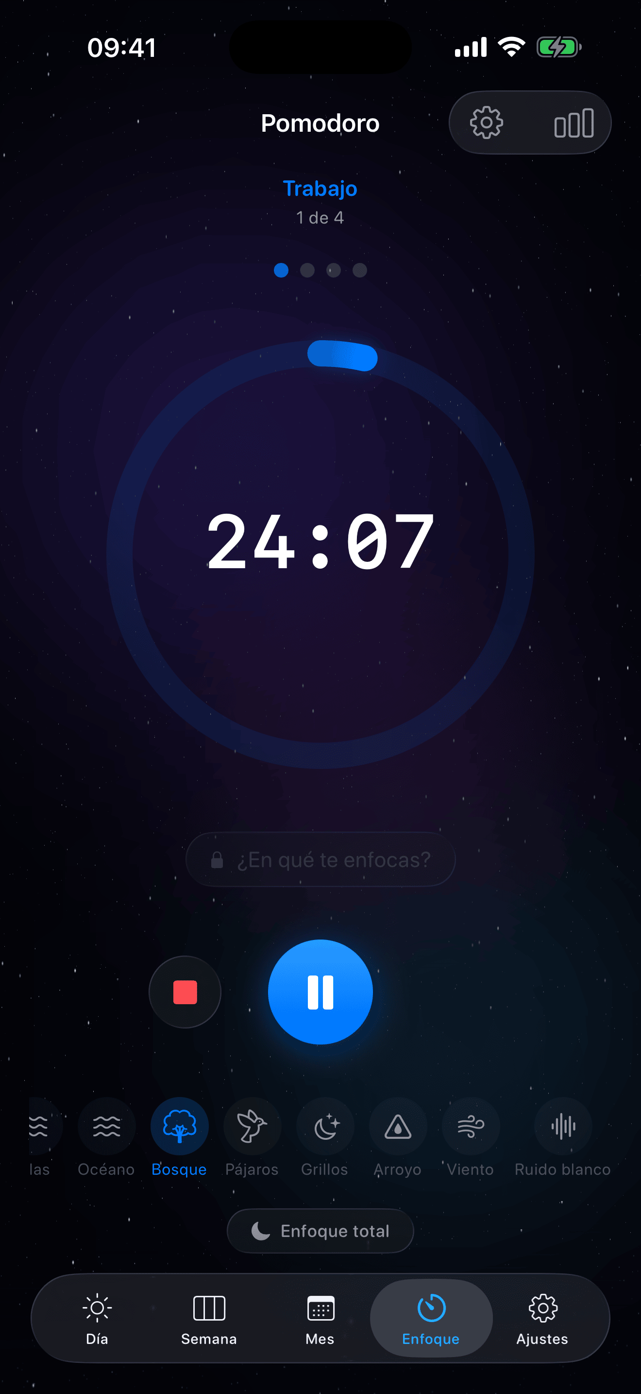 13 sonidos ambientales en el temporizador Pomodoro de Eva – lluvia, tormenta, chimenea, bosque, olas, ruido blanco