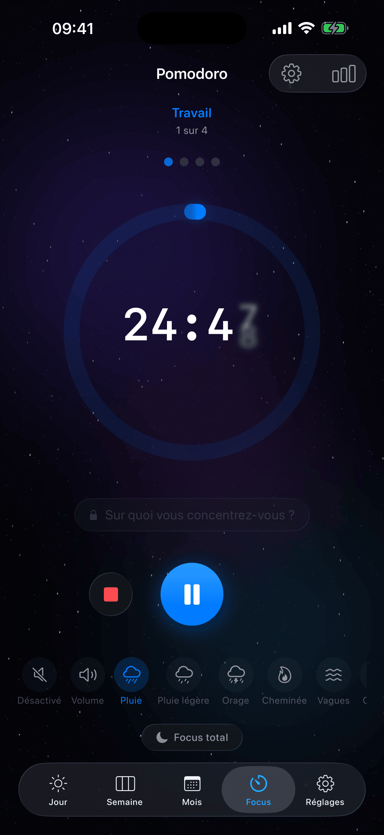 Minuteur Pomodoro Eva – écran principal avec compte à rebours et sons d'ambiance