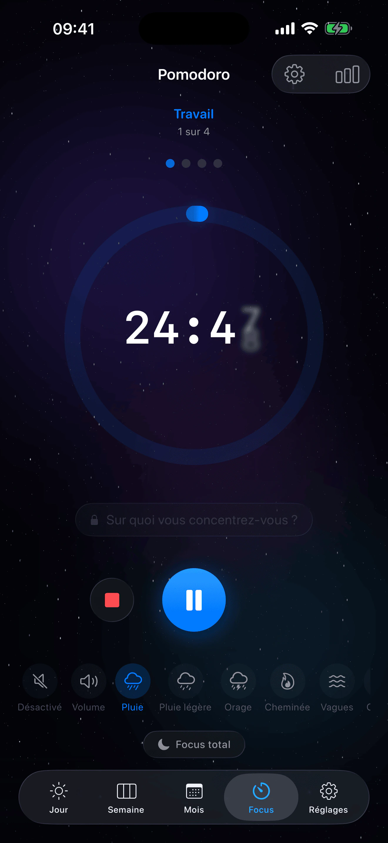 Minuteur Pomodoro Eva – écran principal avec compte à rebours et sons d'ambiance