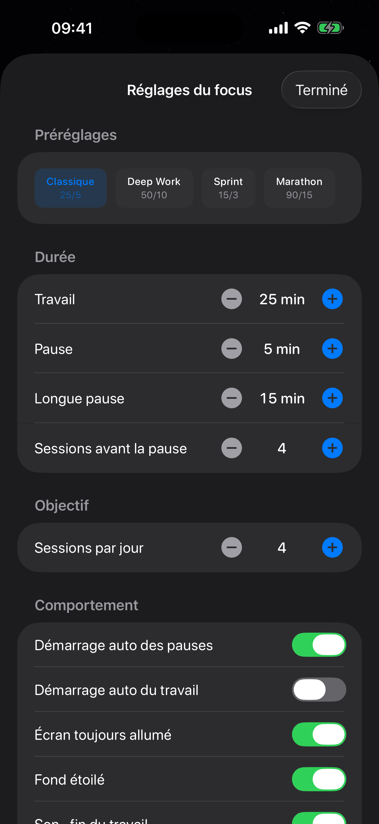 Réglages du minuteur Pomodoro Eva – 4 préréglages : Classique, Travail profond, Sprint, Marathon