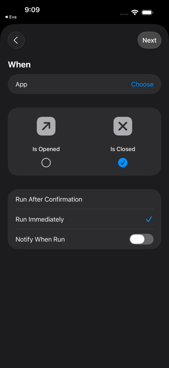 Настройки автоматизации в Командах iOS — Приложение, Закрыто, Запускать сразу