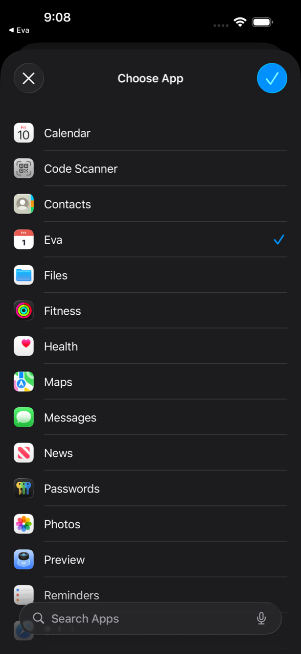 Выбор приложения Eva в автоматизации Команд iOS