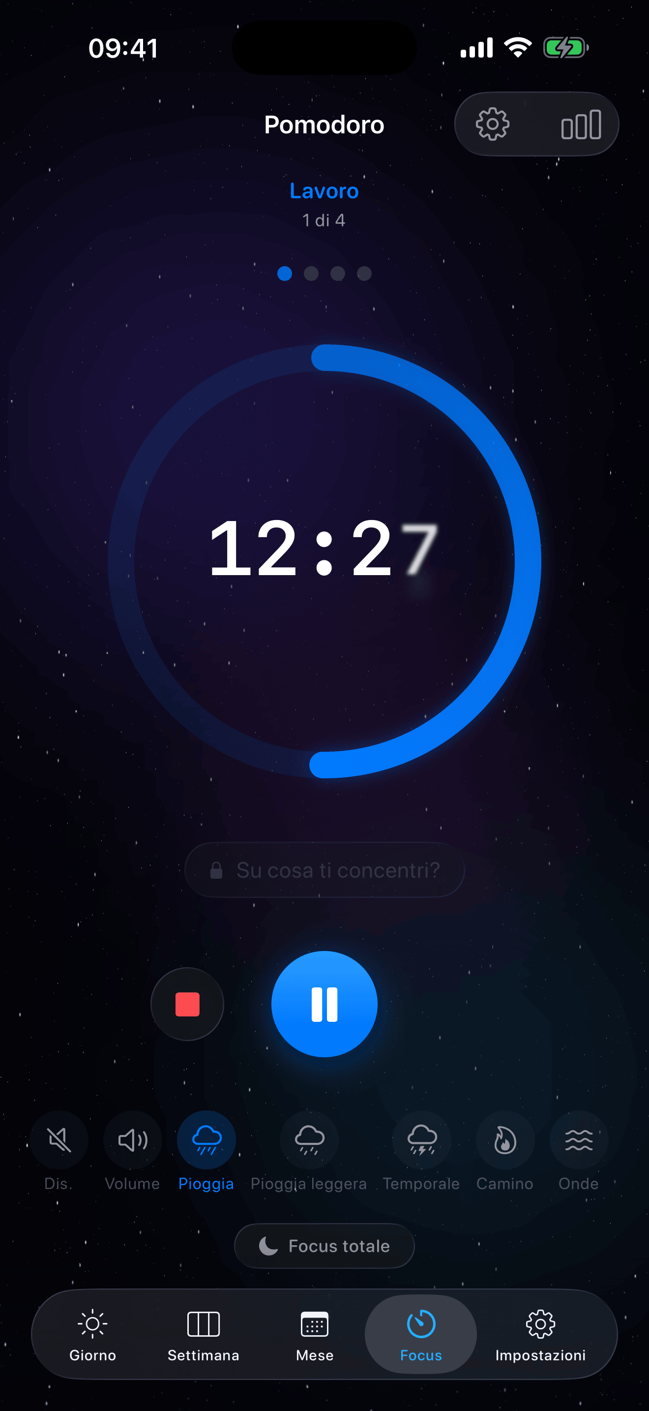 Timer Pomodoro di Eva – schermata principale con conto alla rovescia e suoni ambientali