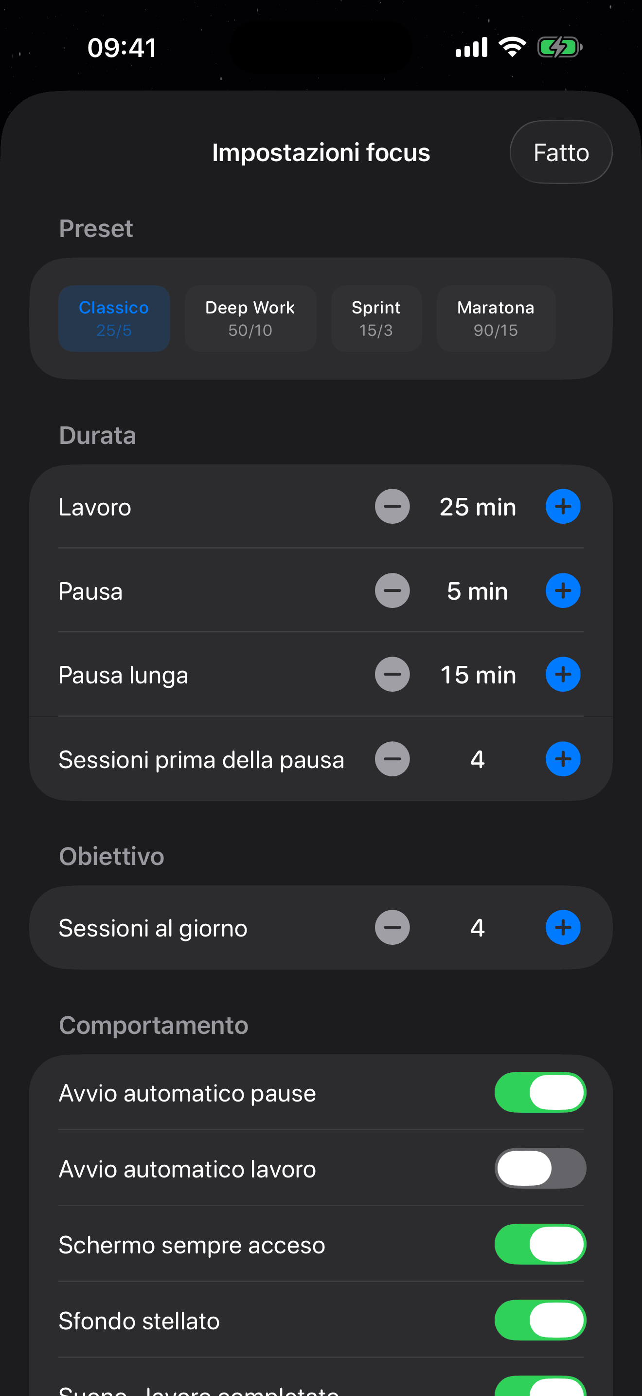 Impostazioni timer Pomodoro di Eva – 4 preset: Classico, Lavoro profondo, Sprint, Maratona