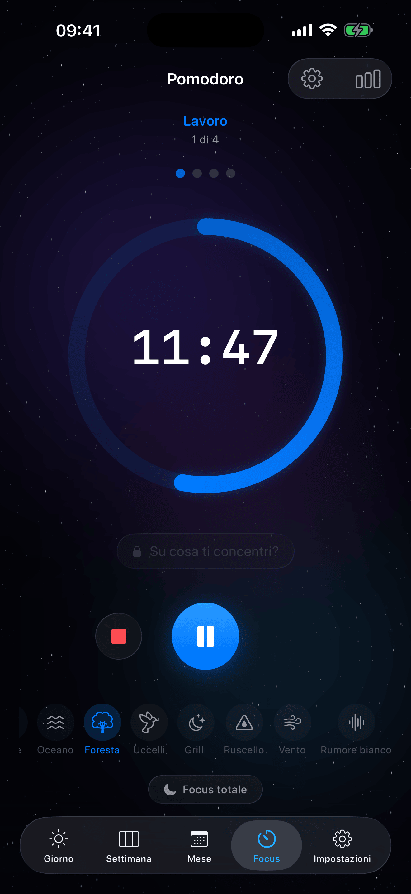 13 suoni ambientali nel timer Pomodoro di Eva – pioggia, temporale, camino, foresta, onde, rumore bianco
