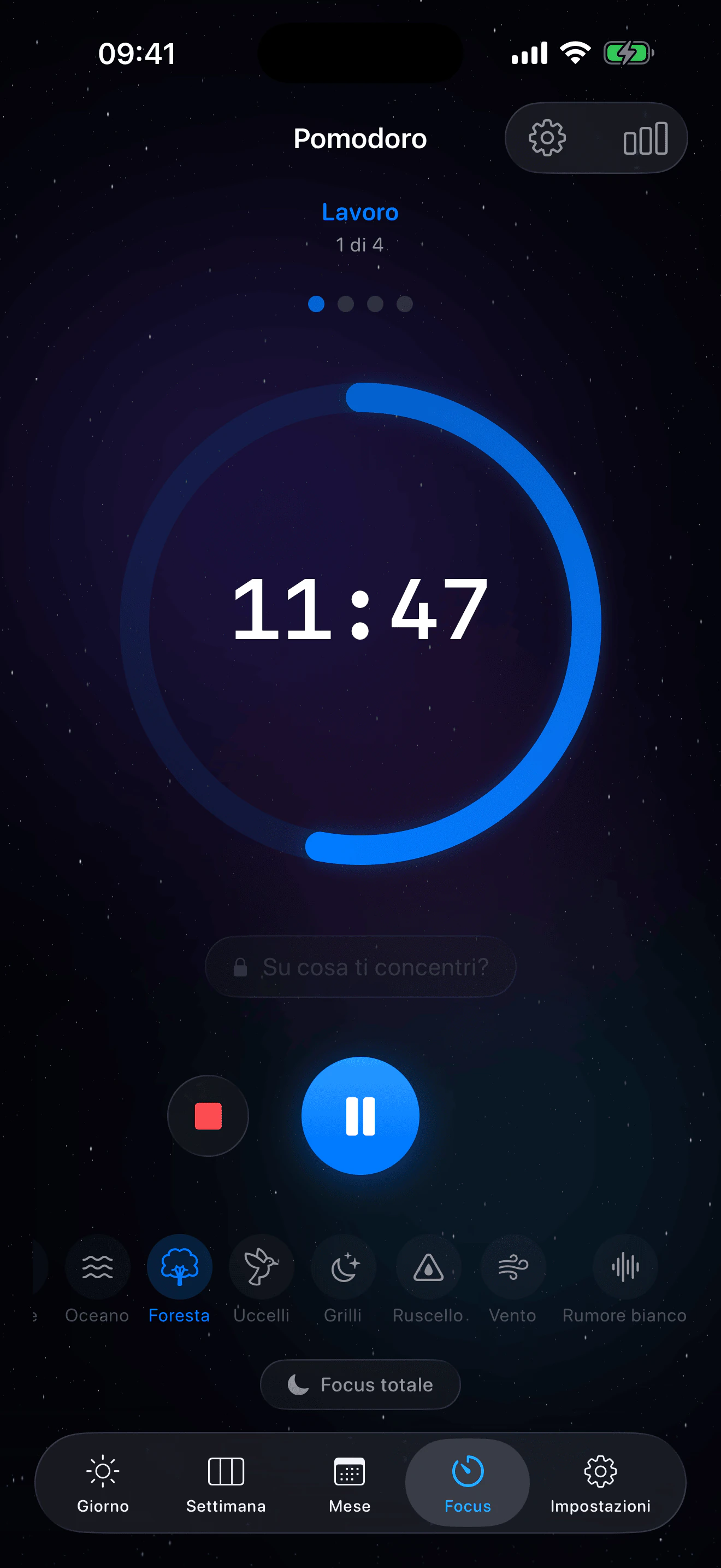 13 suoni ambientali nel timer Pomodoro di Eva – pioggia, temporale, camino, foresta, onde, rumore bianco