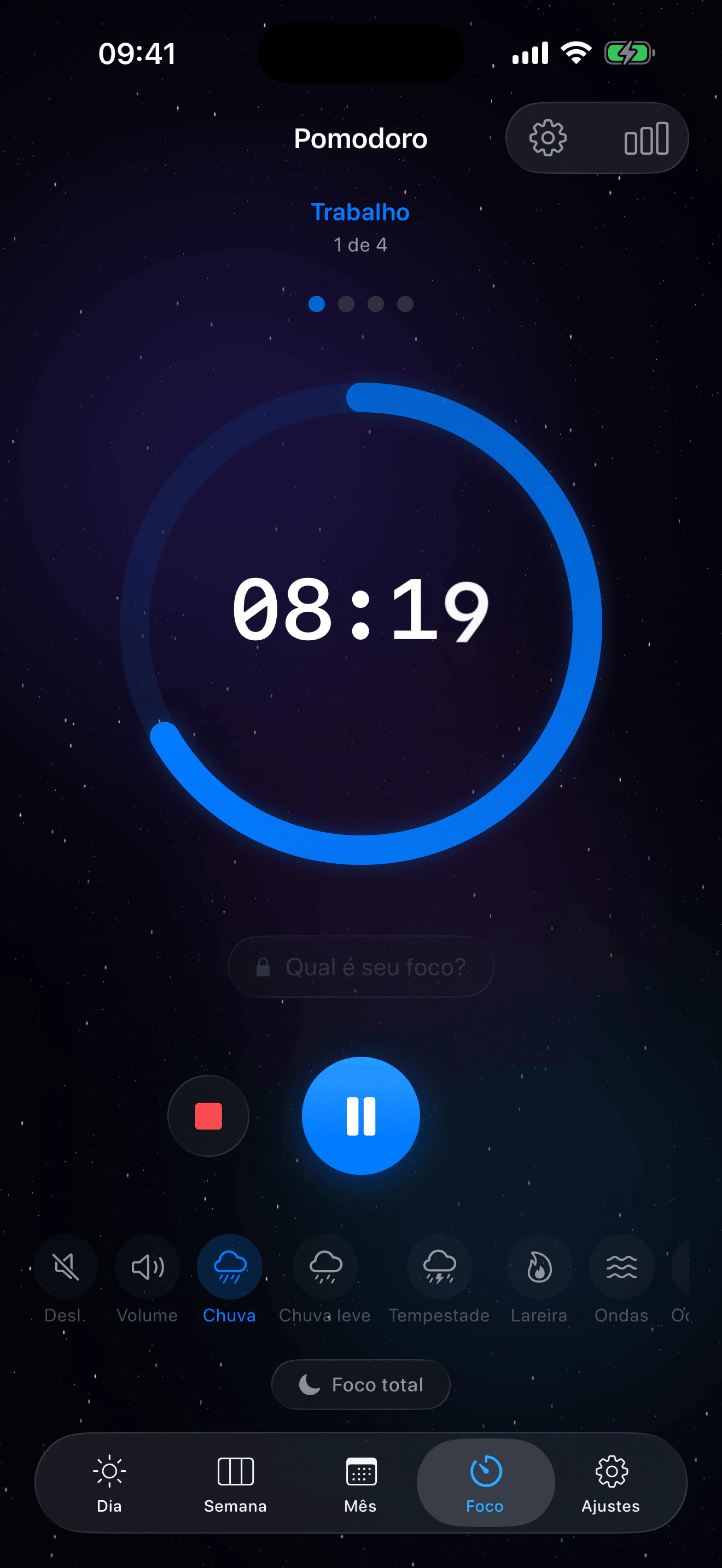 Timer Pomodoro do Eva – tela principal com contagem regressiva e sons ambiente