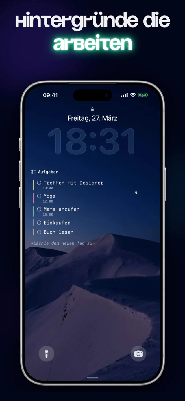 Eva Sperrbildschirm-Hintergrund mit Aufgaben, Wetter und Zitat