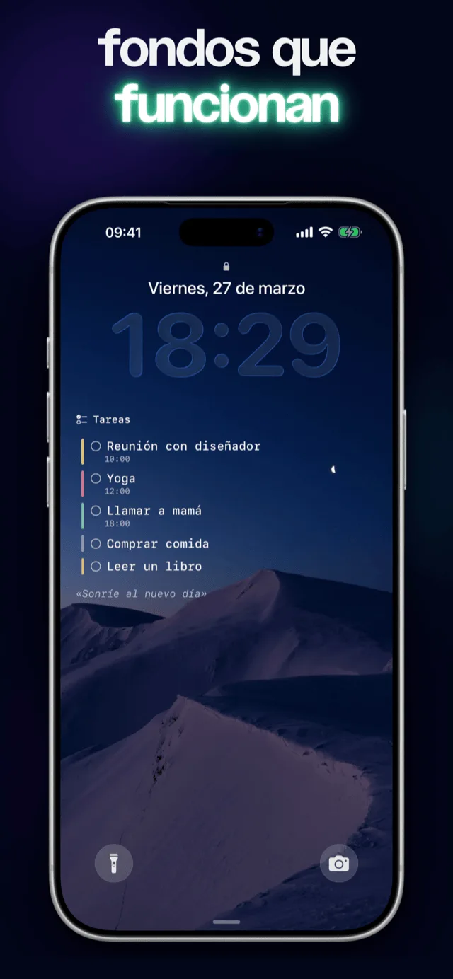 Fondo de pantalla de bloqueo de Eva con tareas, clima y frase del día