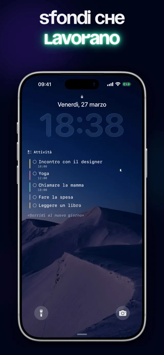 Sfondo schermata di blocco Eva con attività, meteo e frase del giorno