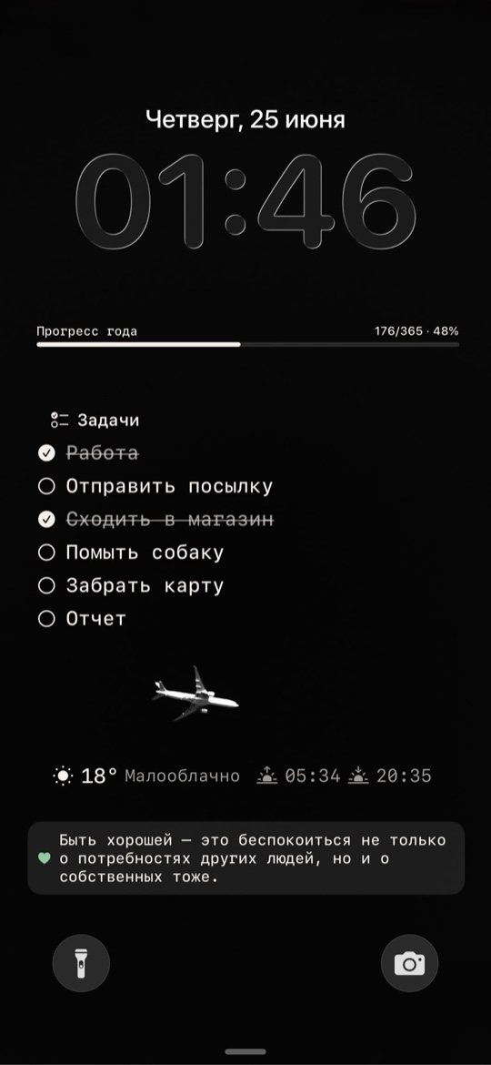 Обои Eva на экране блокировки — тёмная тема с задачами и прогрессом года